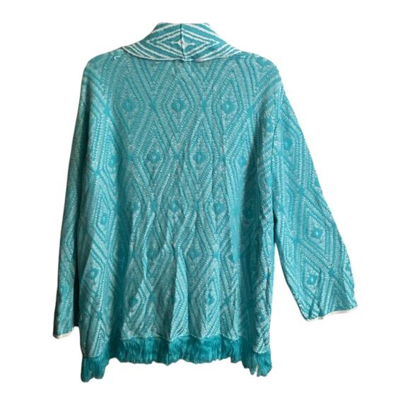 Ruby Rd Cardigan Women's SZ 3X Open Turquoise &White Fringe Hem Long Sleeve - Picture 7 of 10